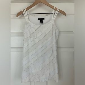 WHBM white shirred layered tank top with silver dotted accents